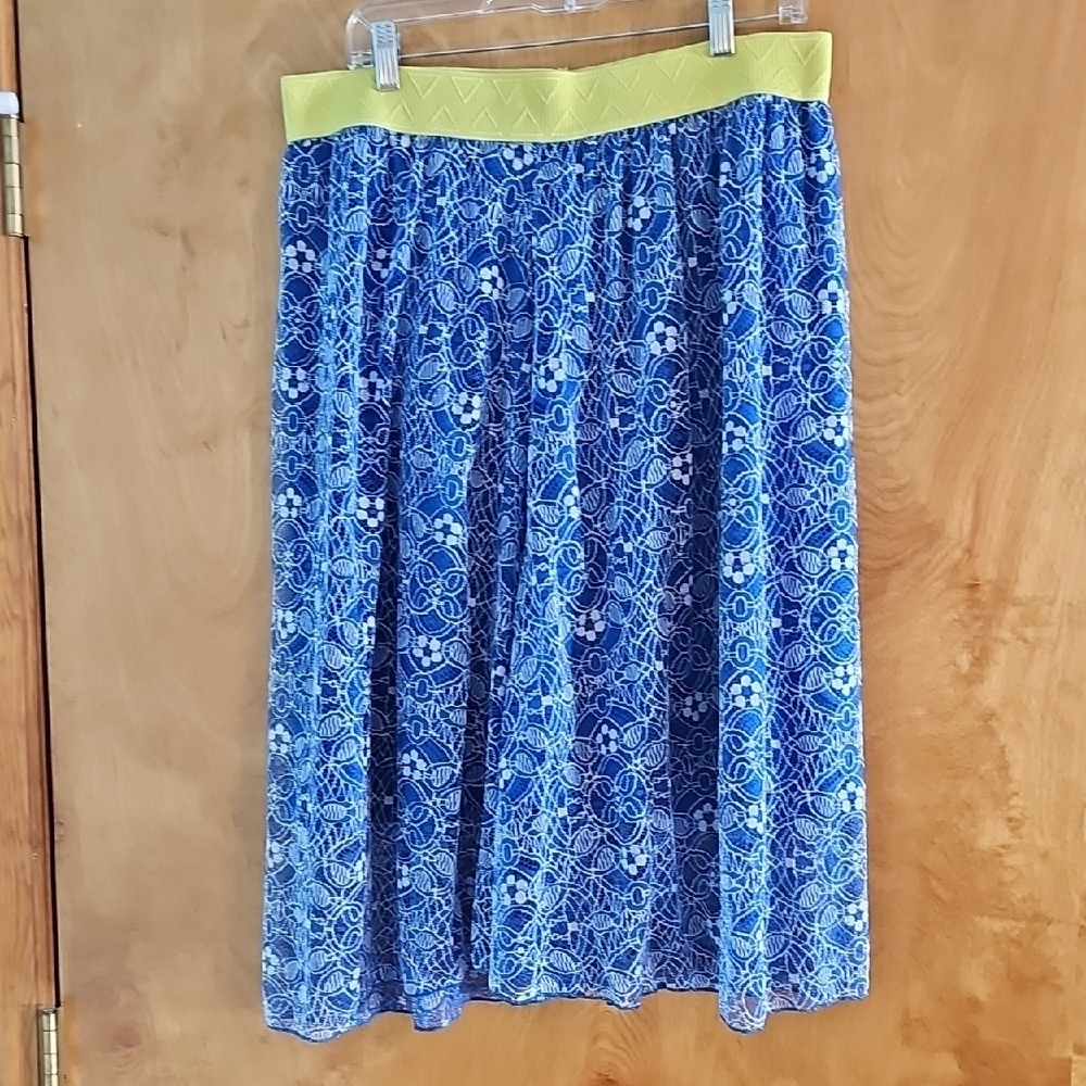 LuLaRoe Blue Patterned Midi Skirt with Yellow Waistband